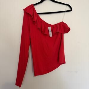 NWT J Crew One Shoulder Ruffle Neck Top in Vintage Rib Knit Sz Lg Cotton Blend